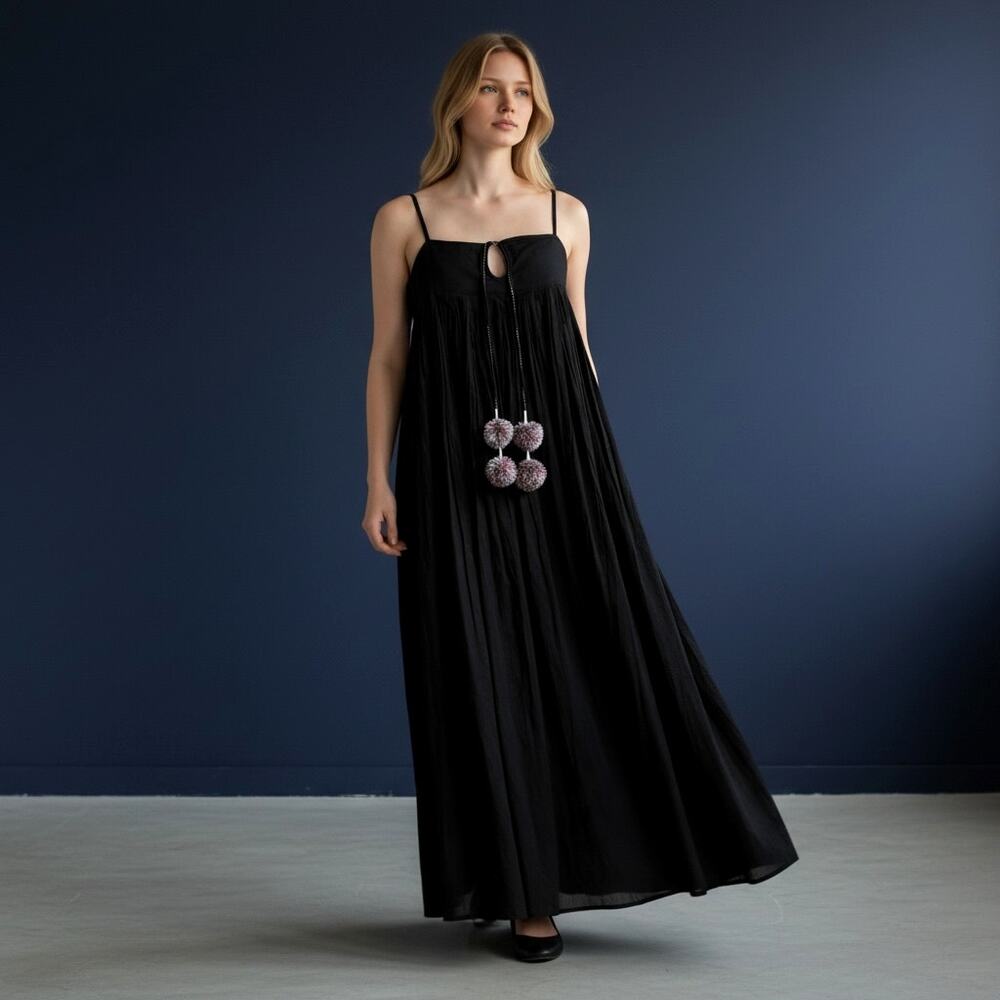 V.DE.VINSTER Black Cotton Boho Maxi Dress Pom Pom Tassel Resort Oversized M